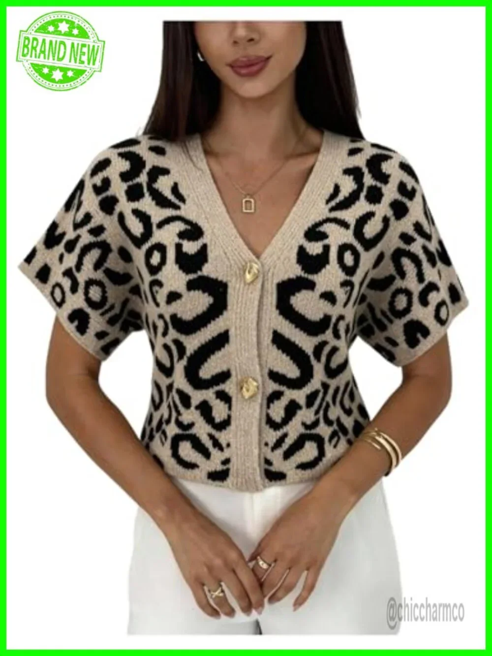 Leopard Print Short Sleeve Cardigan V Neck Knit Button Up Sweater